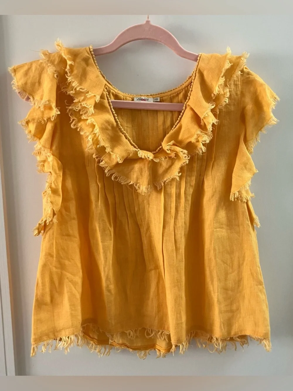 Faherty Yosepha Marigold Linen Fringe Ruffle Blouse - Size Small - Picture 4 of 10